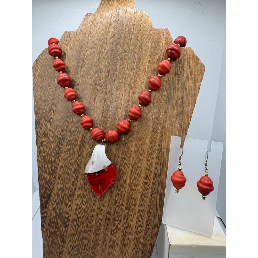 Vintage Red White Art Glass Pendant Necklace and Swirl Bead Drop Earring Set